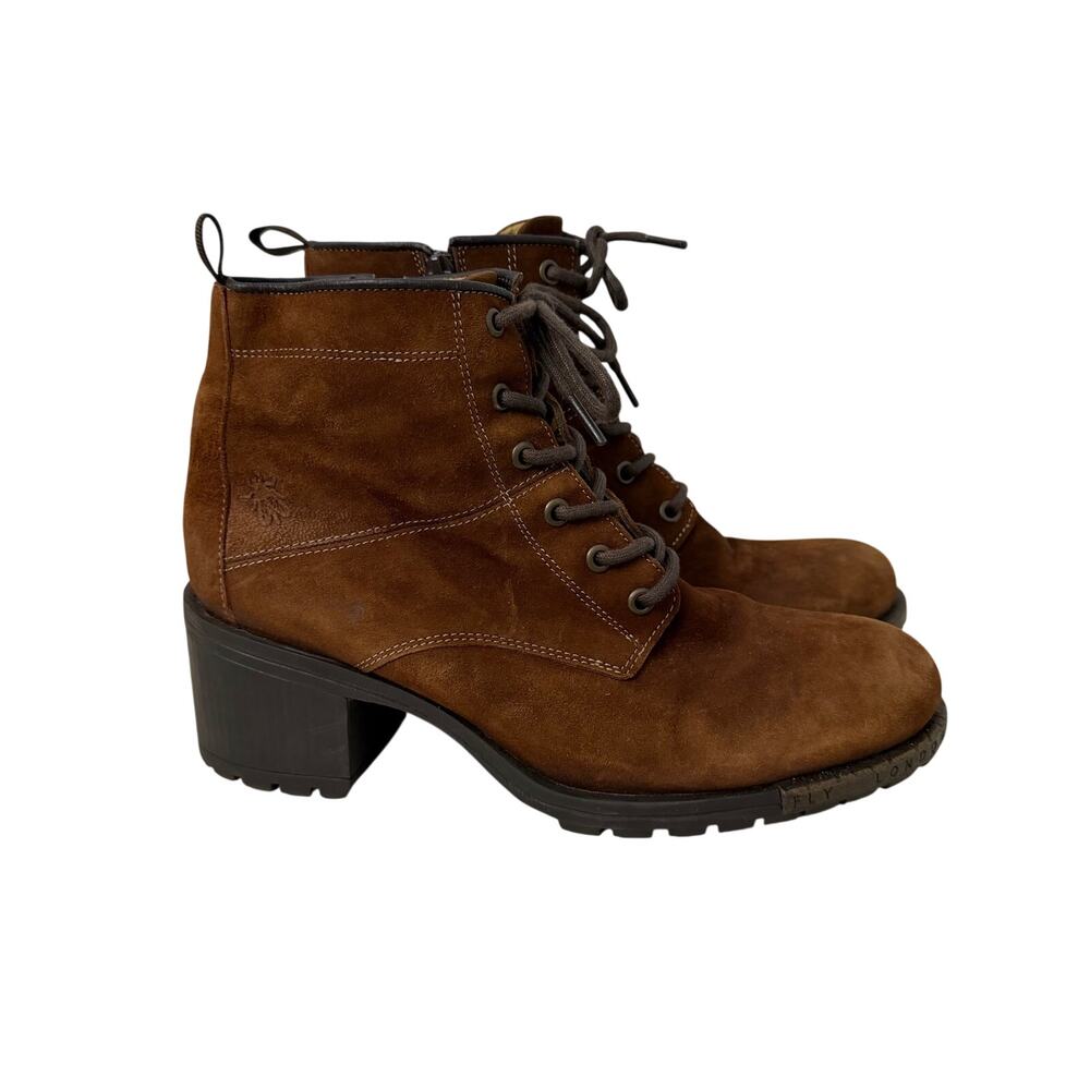 Fly London Latfly Suede Ankle Boots Womens Size 11 Brown Suede Side Zip Heel 42